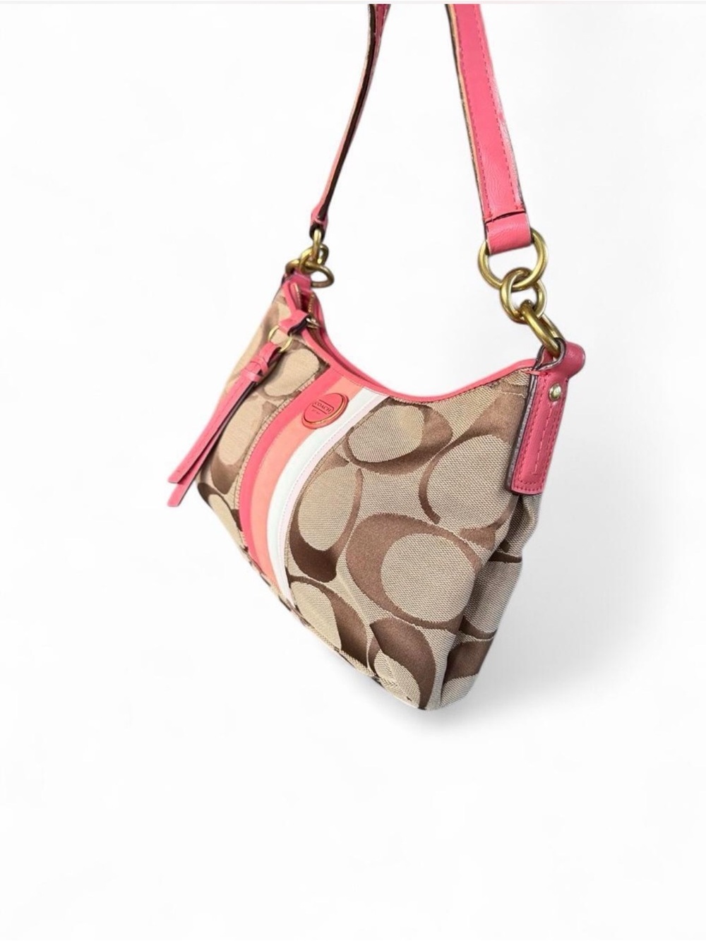 Coach Beige Signature Canvas Shoulder Bag with Pink Stripes - Picture 4 of 15